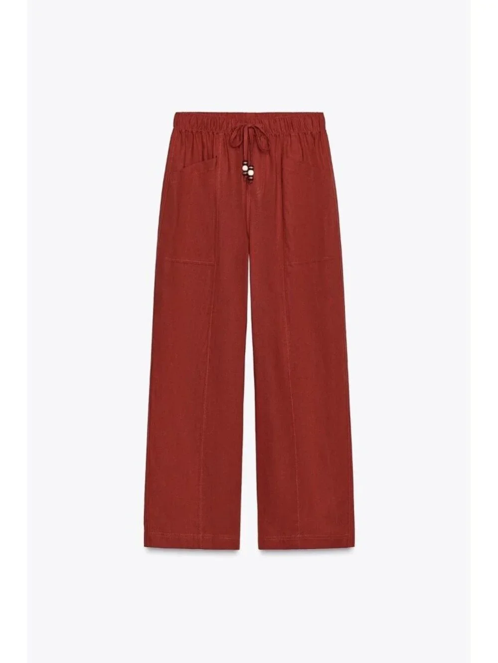 Zara Womens Linen Beaded Drawstring Ankle Pants linen XL Brick Red 8668/383 NWT